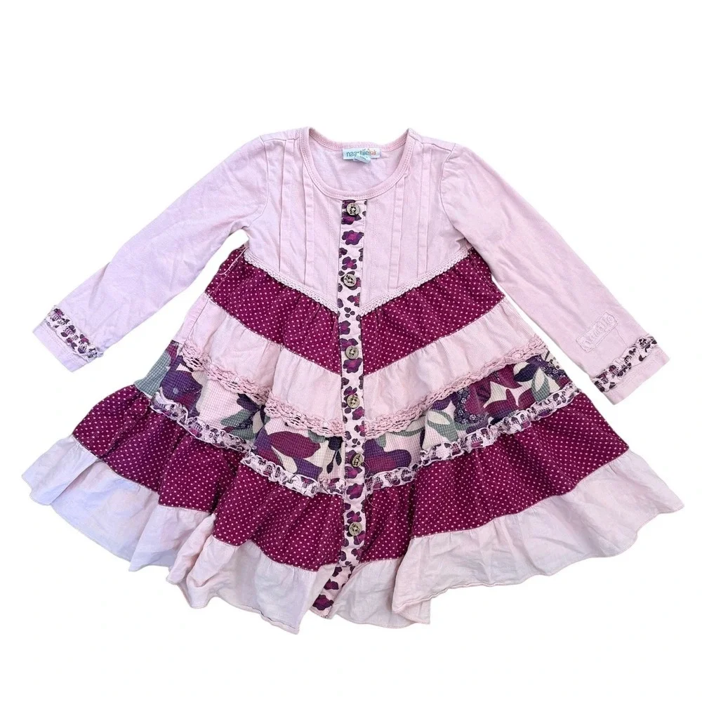 Naartjie Kids Girls Pink Purple Tiered Ruffle Floral Polka Dot Dress XS 3 Years